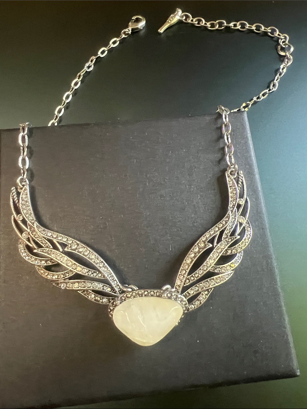 Crystal owl Wing Necklace with White Center Stone pave stones